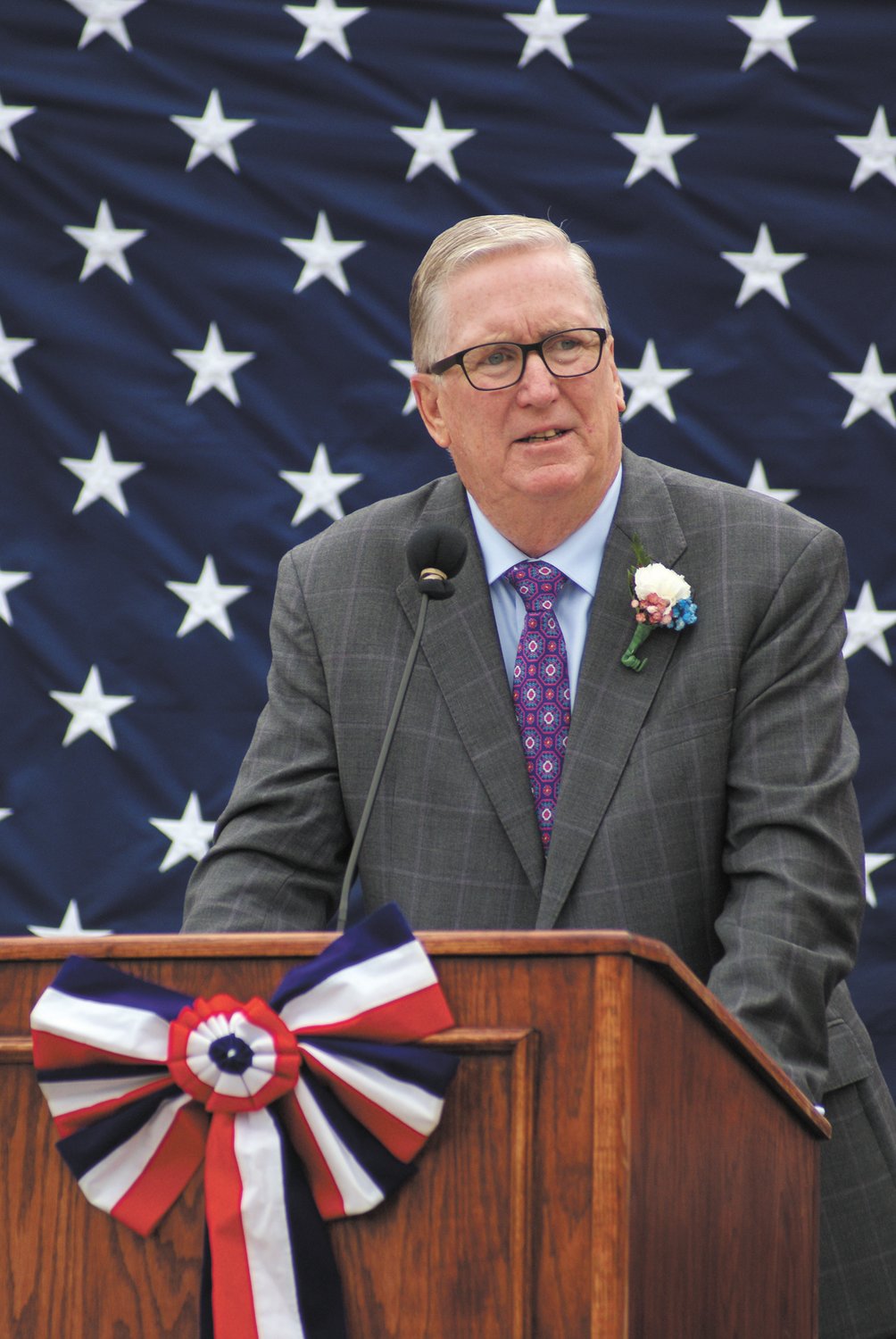 SPEAKING ABOUT HIS HEROES: Cranston Mayor Ken Hopkins spoke during the Memorial Day Ceremony and told students his father and his father-in-law who both served in WWII.